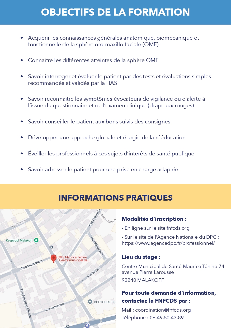 Flyer-DPC-Masseur-Kine-novembre-2026_page-0002 Flyer de présentation de la formation DPC masseur-kinésithérapeute "principes, priorités et réorientations en rééducation oro-maxillo-faciale" donnée par la FNFCDS le 20 novembre 2026.
