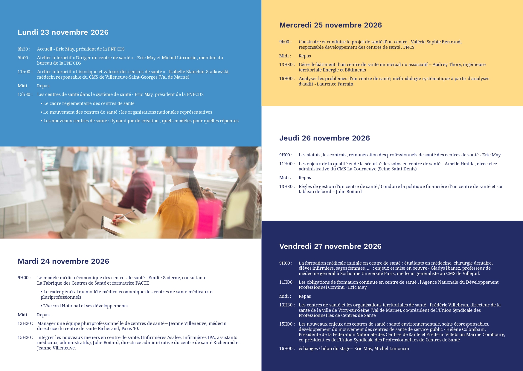 Flyer de présentation pour la formation "Diriger un centre de santé" donnée par la FNFCDS du 23 au 27 novembre 2026.