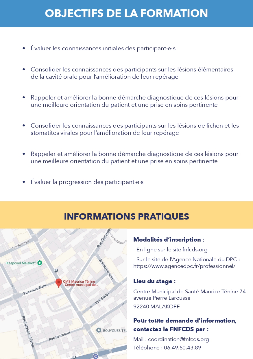Flyer de présentation de la formation DPC chirurgien-dentiste "pathologie de la muqueuse orale" donnée par la FNFCDS le 11 septembre 2026
